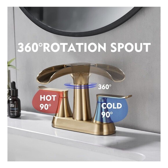 Yundoom Brushed Gold Waterfall Bathroom Faucet Swivel Spout Pop Up Drain BF4-04 - Picture 5 of 16